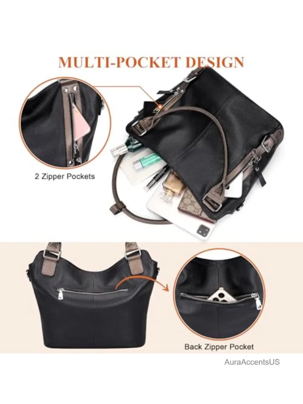 Genuine Leather Large Hobo Bag Multi Pockets Shoulder Purse